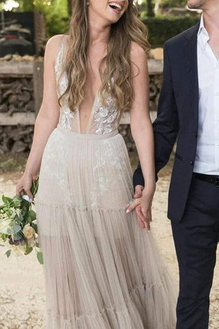 Tulle Wedding Dress, A-line V-neck Appliqued Bridal Gown