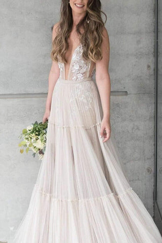 Tulle Wedding Dress, A-line V-neck Appliqued Bridal Gown