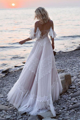 Tulle Lace Off-the-Shoulder Beach Wedding Dresses, Bridal Gown