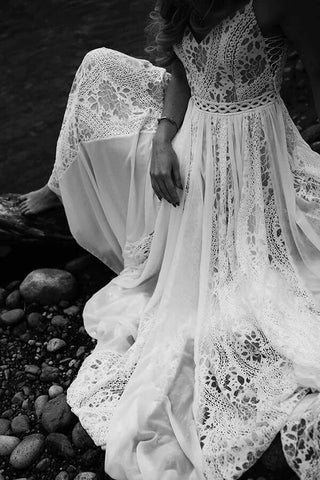 Bohemian A-line V-neck Lace Wedding Dresses, Beach Wedding Gowns