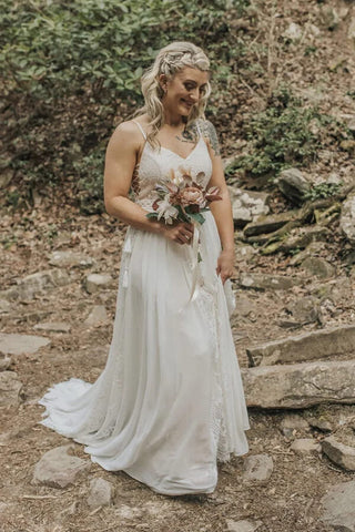 Bohemian A-line V-neck Lace Wedding Dresses, Beach Wedding Gowns