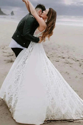 Bohemian A-line V-neck Lace Wedding Dresses, Beach Wedding Gowns