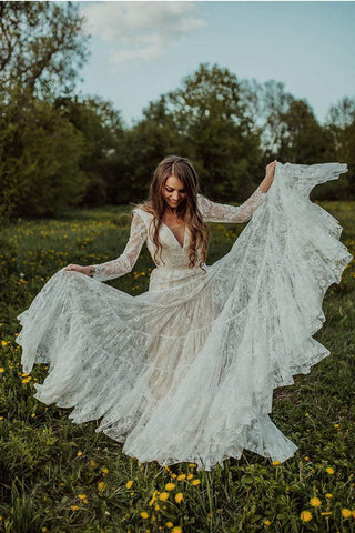 Lace A-line V-neck Long Sleeves Wedding Dresses, Bridal Dress