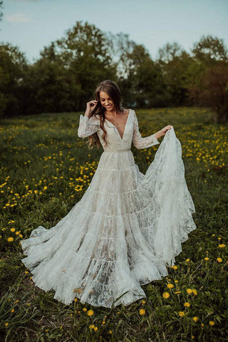 Lace A-line V-neck Long Sleeves Wedding Dresses, Bridal Dress