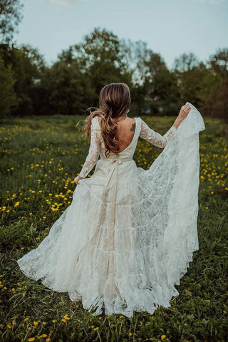 Lace A-line V-neck Long Sleeves Wedding Dresses, Bridal Dress