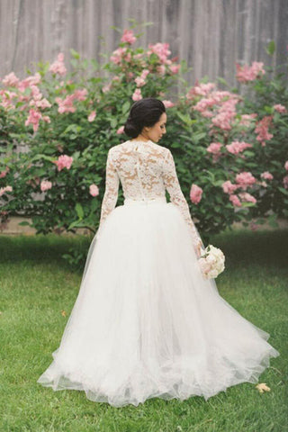 Lace Top Two Pieces Long Sleeves High Low Wedding Dresses