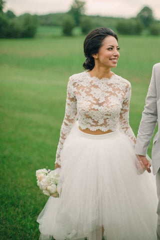 Lace Top Two Pieces Long Sleeves High Low Wedding Dresses