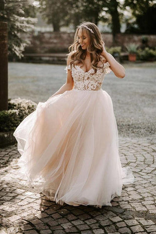 Bohemian Tulle Lace A-line Off-the-Shoulder Beach Wedding Dresses