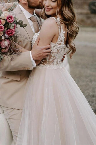 Bohemian Tulle Lace A-line Off-the-Shoulder Beach Wedding Dresses