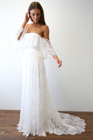 Boho Lace A-line Half Sleeves Off-the-Shoulder Beach Wedding Dresses