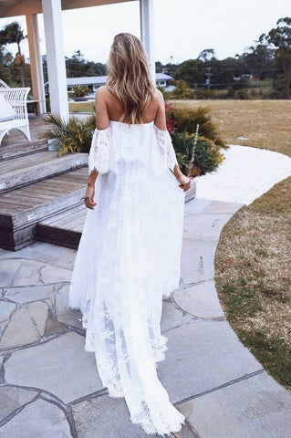 Boho Lace A-line Half Sleeves Off-the-Shoulder Beach Wedding Dresses