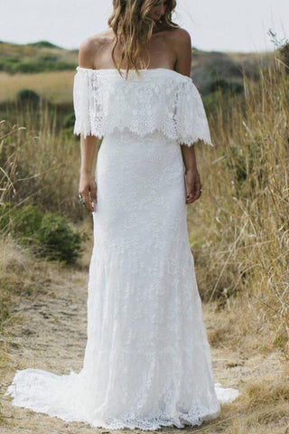Boho Lace A-line Half Sleeves Off-the-Shoulder Beach Wedding Dresses