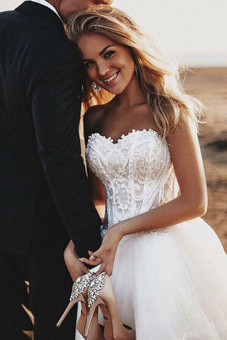 Boho Lace Bodice Sweetheart Wedding Dresses, Rustic Bridal Gown