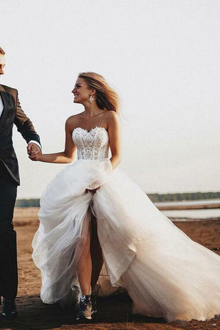 Boho Lace Bodice Sweetheart Wedding Dresses, Rustic Bridal Gown
