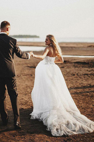 Boho Lace Bodice Sweetheart Wedding Dresses, Rustic Bridal Gown