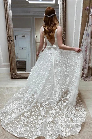 Boho Satin A-line V-neck 3D Flowers Wedding Dresses With High Slit