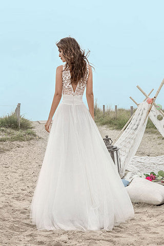 Boho Tulle Lace A-line V-neck Floor Length Beach Wedding Dresses