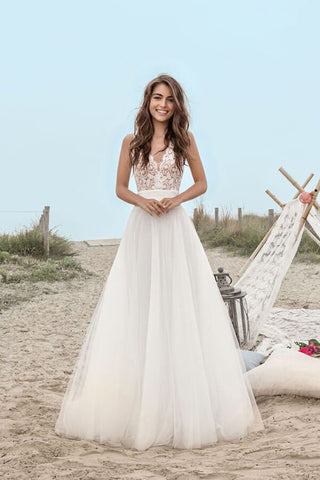 Boho Tulle Lace A-line V-neck Floor Length Beach Wedding Dresses