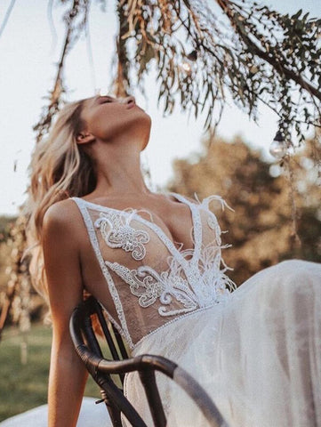 Boho Tulle Lace Sweep Train Wedding Dress Bridal Gown With Feather, MW524
