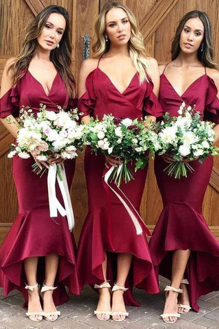 Burgundy High Low Mermaid Bridesmaid Dresses, Wedding Party Dresses