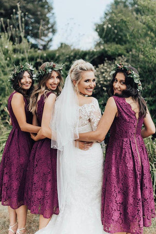 Burgundy Lace A-line V-neckline Tea Length Short Bridesmaid Dresses