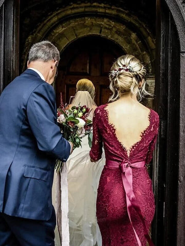 Burgundy Lace Mermaid Sweep Train Long Sleeves Bridesmaid Dresses