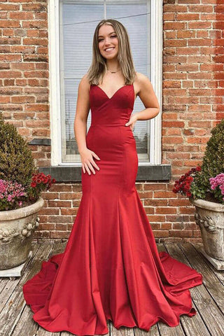 Burgundy Satin Mermaid V-neck Backless Prom Dresses, Evening Dress