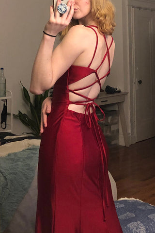 Burgunderrotes Satin-Meerjungfrau-Abendkleid mit V-Ausschnitt und Spaghettiträgern, lang