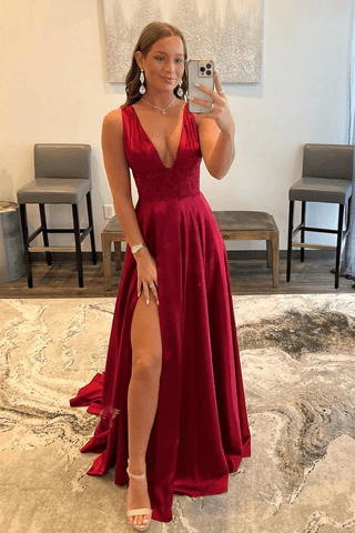 Burgunderrotes langes Ball- und Abendkleid aus Spitze mit V-Ausschnitt und hohem Schlitz