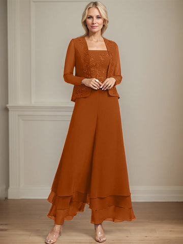 Separates Jumpsuit/Pantsuit Square Ankle-Length Lace Chiffon Mother of the Bride Dress With Sequins