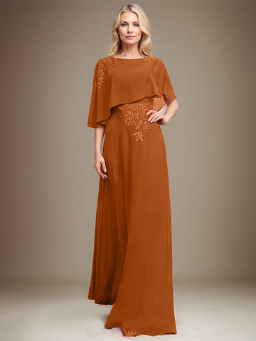 A-line Scoop Floor-Length Chiffon Lace Mother of the Bride Dress With Sequins Beading