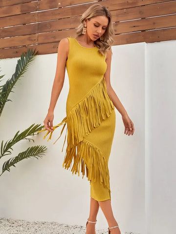 Sommergelbes Quastenkleid Hüftwickelkleid Verbandkleid