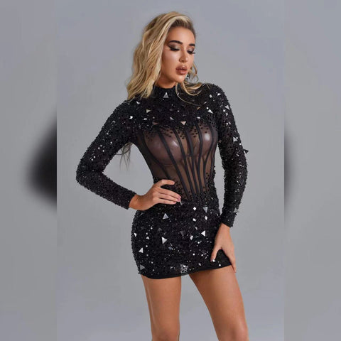Nouvelle robe noire à manches longues avec bandage et paillettes en maille et perles pour banquet et fête annuelle 