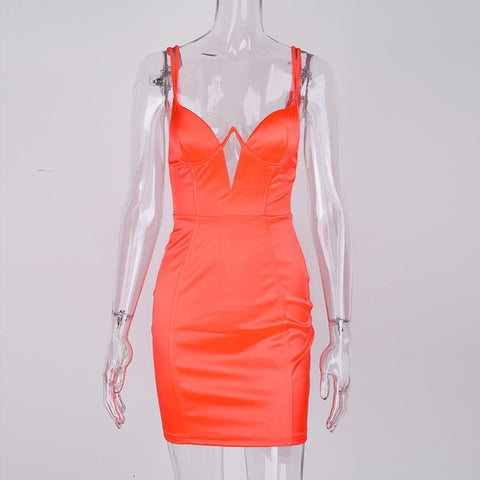 Robe mini d'été en satin pour femme, soutien-gorge rembourré, doubles bretelles, décolleté plongeant, découpe, robe sexy, robe moulante de fête orange