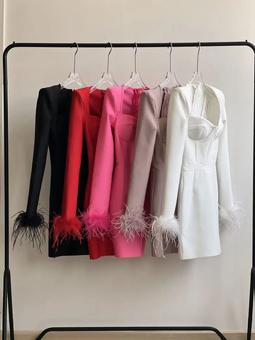 Black White Red Pink Blue Dusty Pink  Bandage Feathers Dress