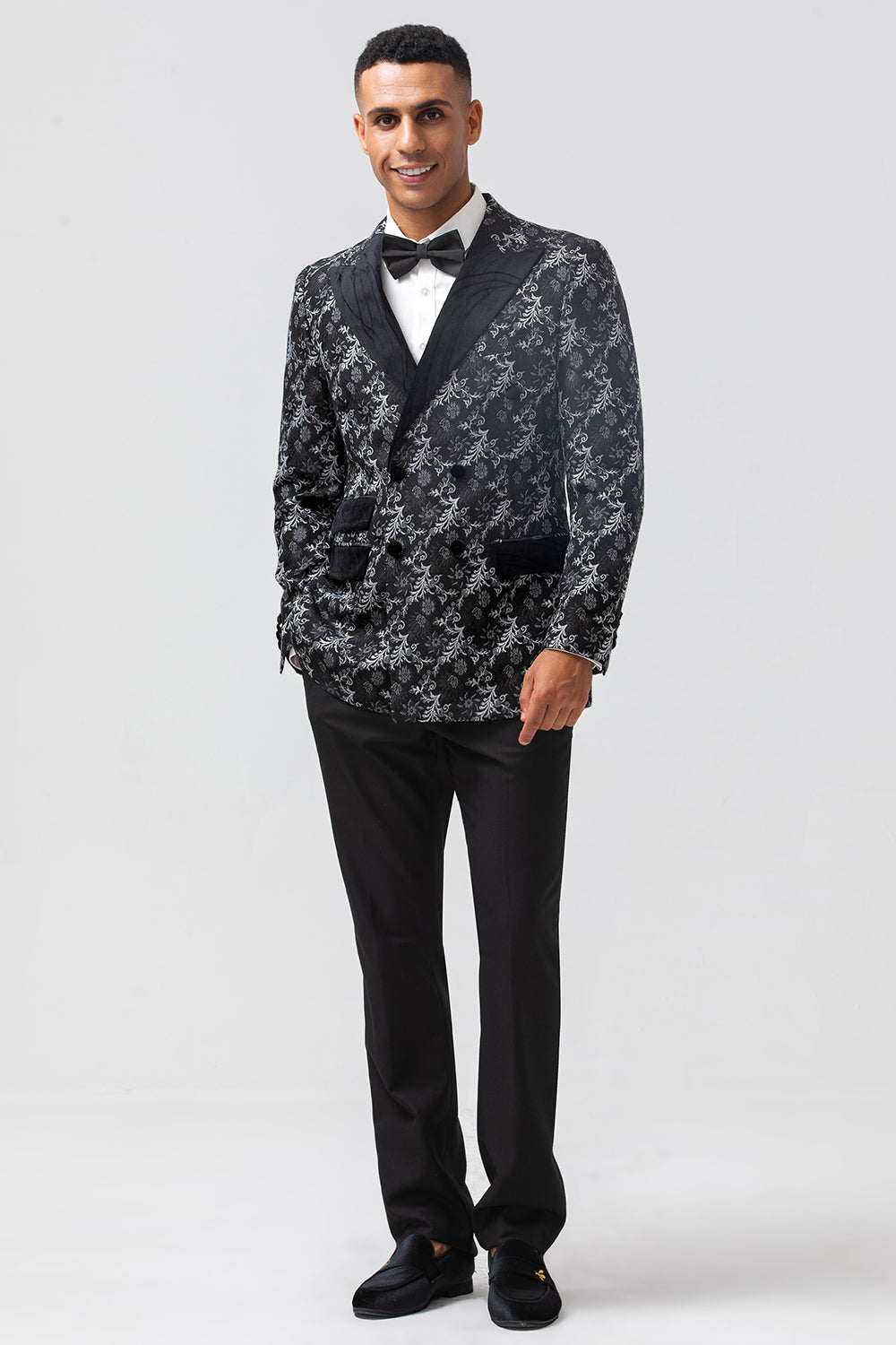 Black Jacquard Peak Lapel Double Breasted 2 Pieces Men's Prom Suits
