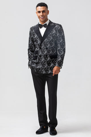 Black Jacquard Peak Lapel Double Breasted 2 Pieces Men's Prom Suits