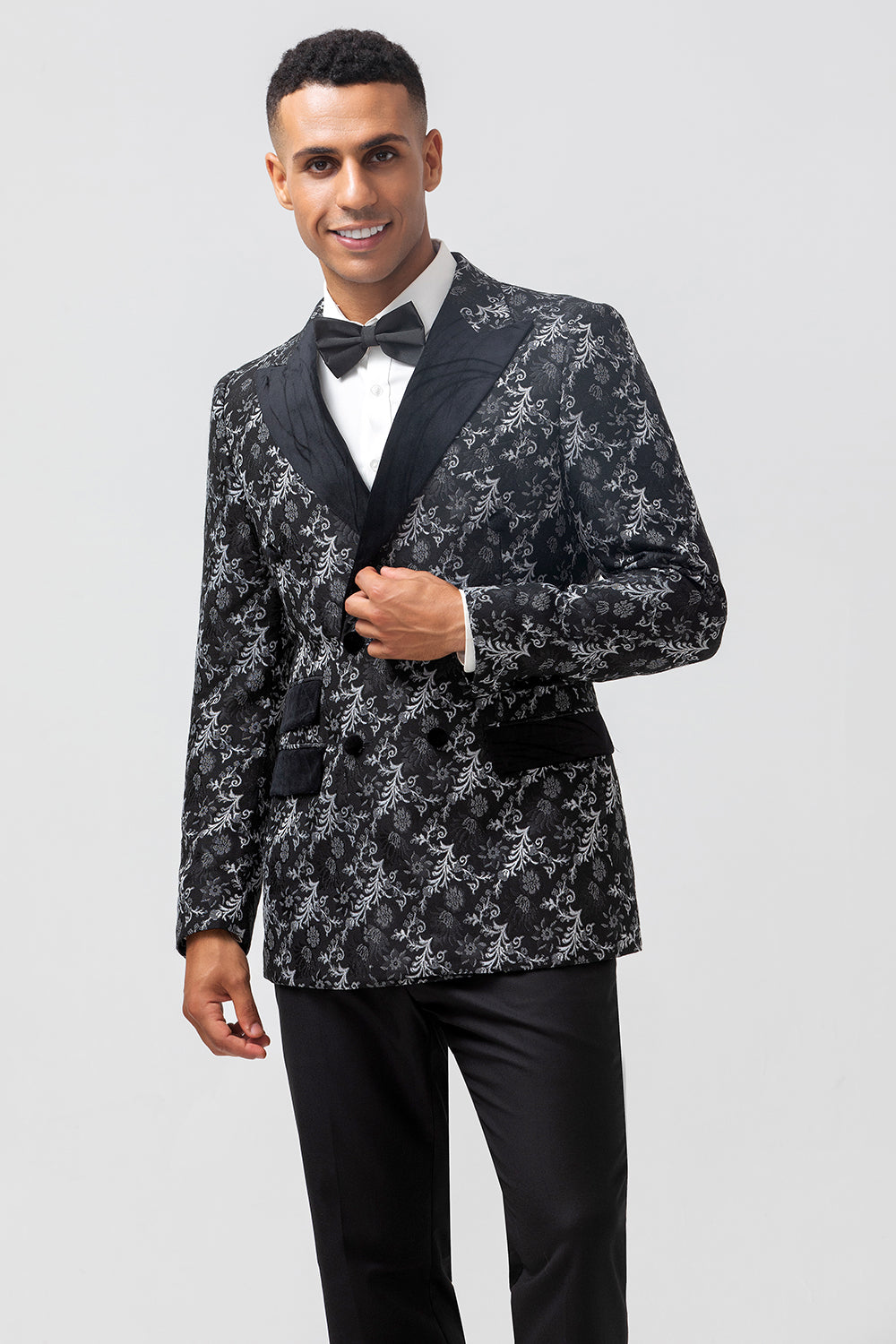 Black Jacquard Peak Lapel Double Breasted 2 Pieces Men's Prom Suits
