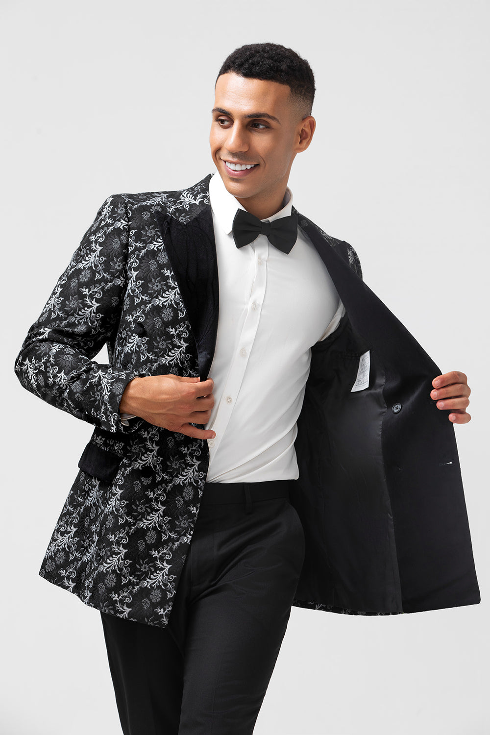 Black Jacquard Peak Lapel Double Breasted 2 Pieces Men's Prom Suits