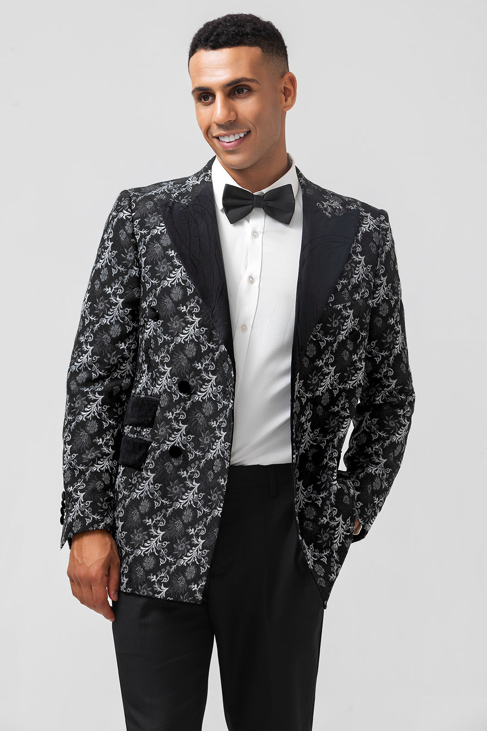 Black Jacquard Peak Lapel Double Breasted 2 Pieces Men's Prom Suits