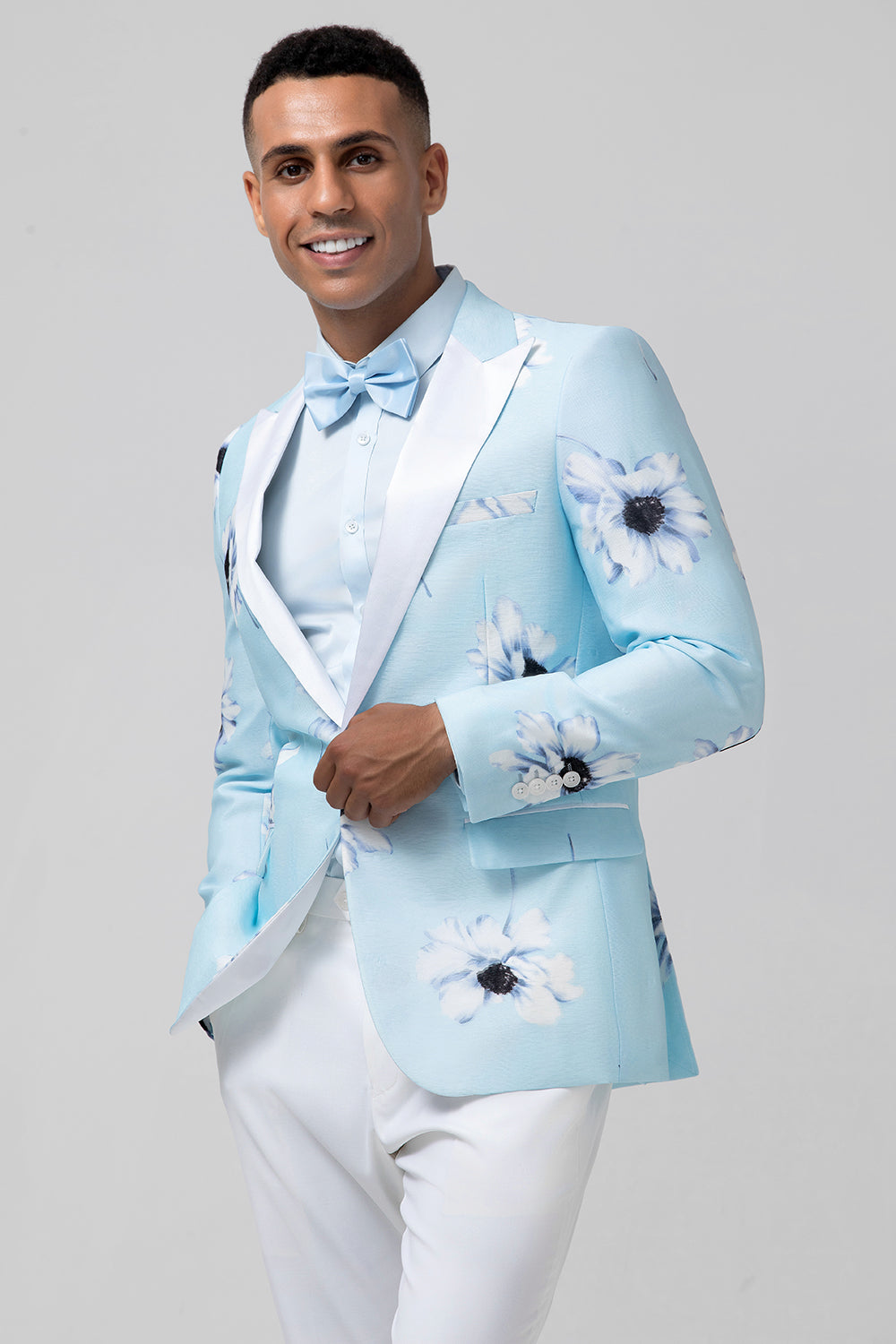 Light Blue Flower Printed Peak Lapel 2 Pieces Prom Men's Suits