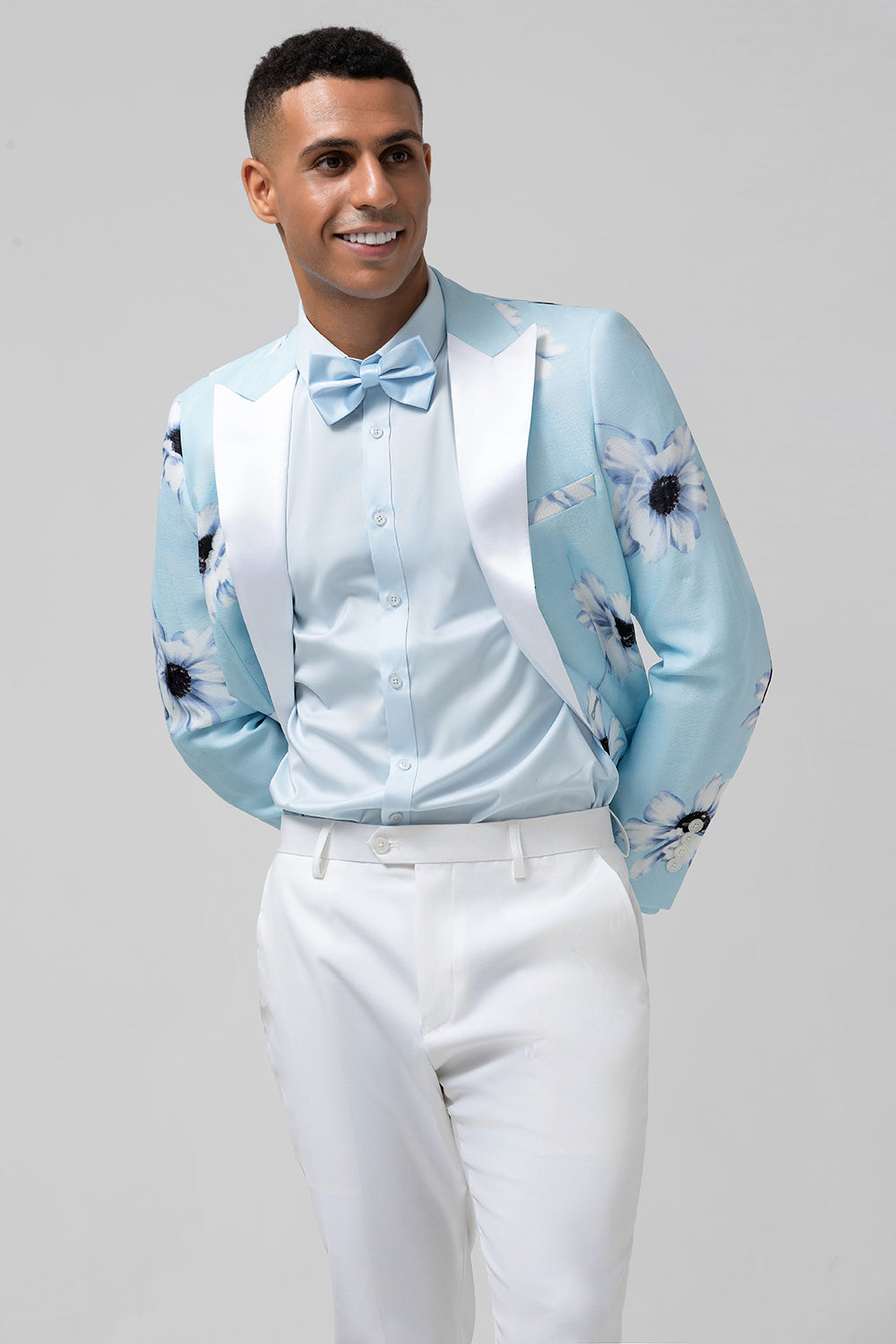 Light Blue Flower Printed Peak Lapel 2 Pieces Prom Men's Suits