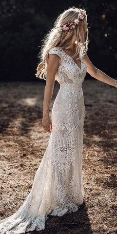 Cap Sleeve Sheath Boho Wedding Dresses Vintage Lace Rustic Wedding Dress