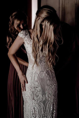 Cap Sleeve Sheath Boho Wedding Dresses Vintage Lace Rustic Wedding Dress