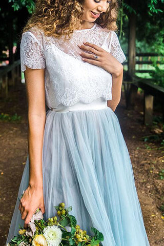 Casual Country Style Two Piece Lace Top Tulle Skirt Wedding Dresses