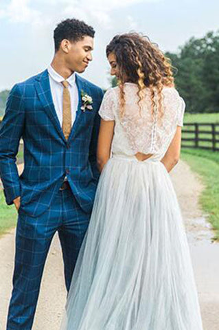 Casual Country Style Two Piece Lace Top Tulle Skirt Wedding Dresses