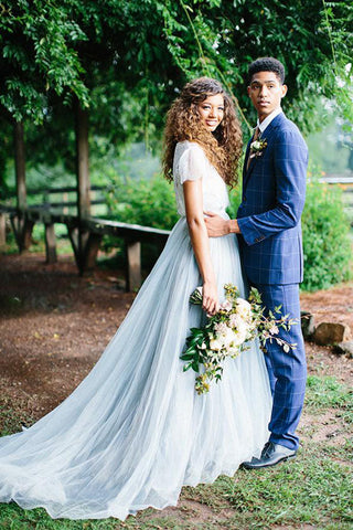 Casual Country Style Two Piece Lace Top Tulle Skirt Wedding Dresses