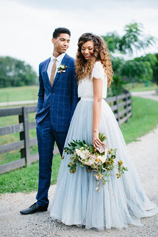 Casual Country Style Two Piece Lace Top Tulle Skirt Wedding Dresses