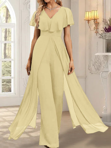 Jumpsuit/Hosenanzug V-Ausschnitt Bodenlanges Chiffon Abendkleid