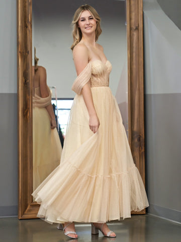 A-Line Champagne Tulle Sweetheart Tea-Length Prom Dress